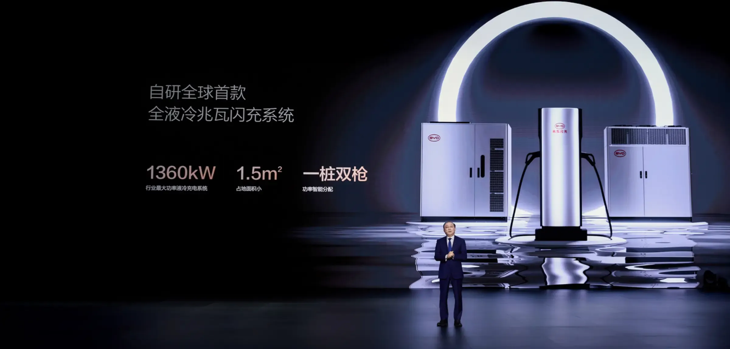 Fotografia gigante da BYD Super e-Platform apresentada em palco num cenário tecnológico