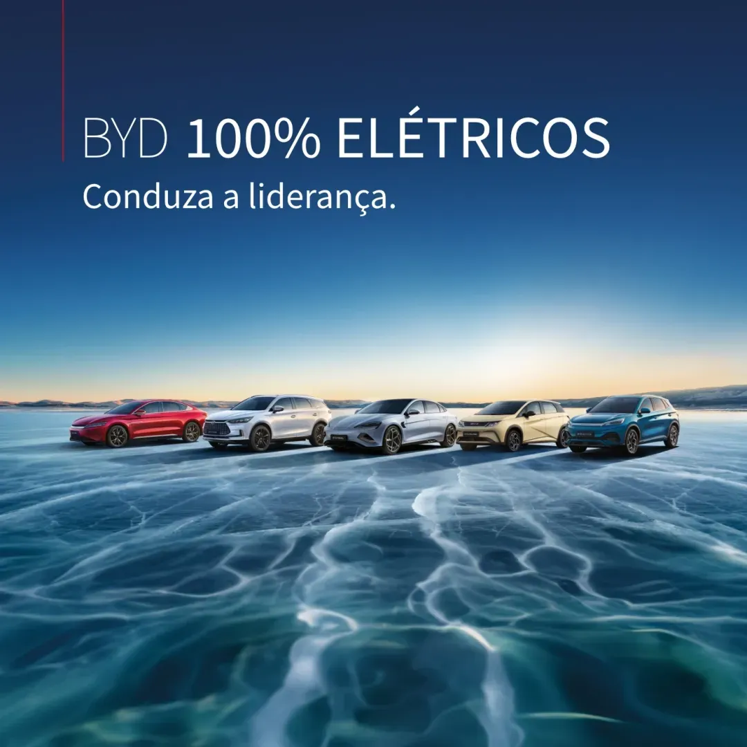 Imagem da Campanha BYD 100% Elétricos com uma fotografia de todos os modelos BYD